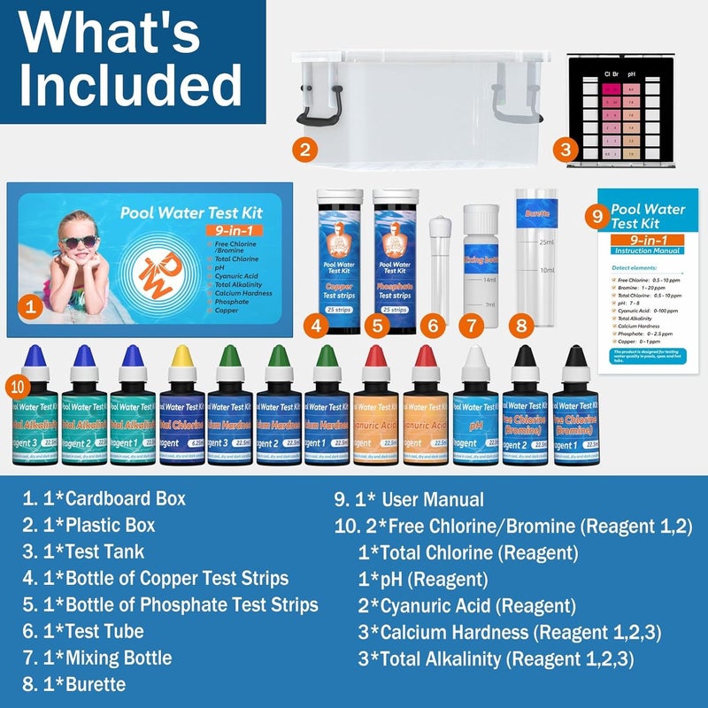 Dr.Tim.Wang 9 Way Pool Test Kit - Hot Tub and Spa Water Chemical Test Kit for pH & Total Chlorine & Free Chlorine & Bromine & Total Alkalinity & Calcium Hardness & Cyanuric Acid & Copper & Phosphate - Image 3